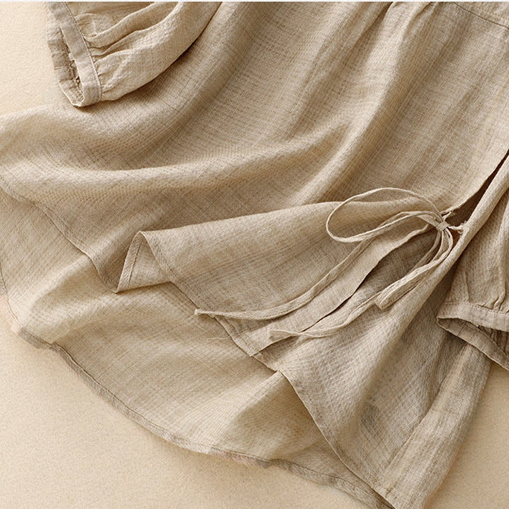 Koszula damska z bawełny i lnu z rękawami trzy czwarte, sznurowana, z Buddha Stones, zapinana na guziki - image 8