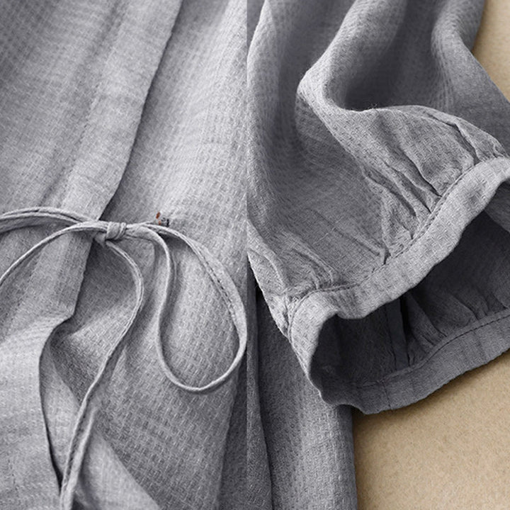 Koszula damska z bawełny i lnu z rękawami trzy czwarte, sznurowana, z Buddha Stones, zapinana na guziki - image 3