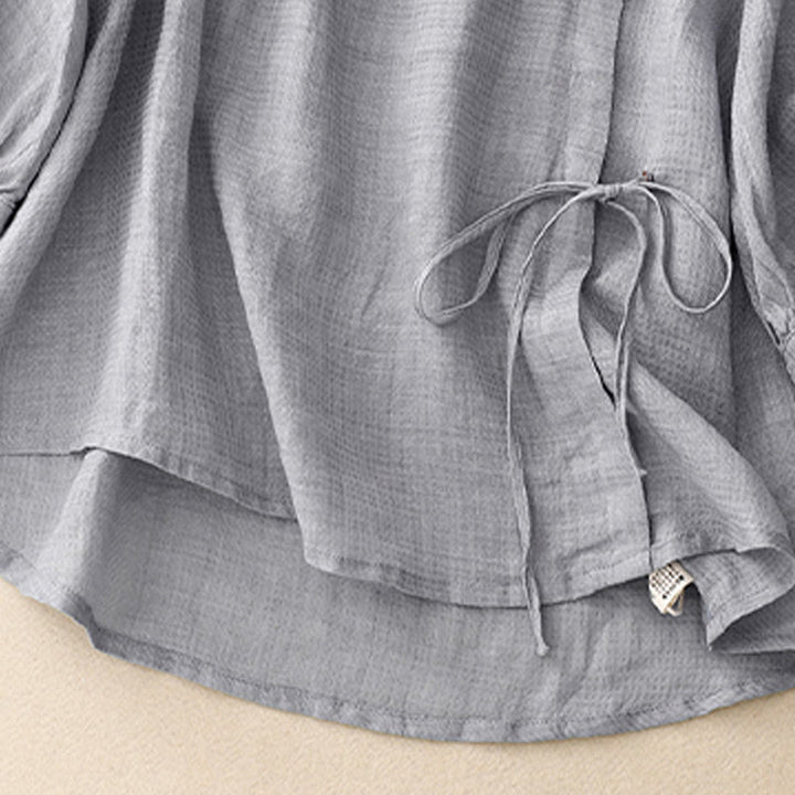 Koszula damska z bawełny i lnu z rękawami trzy czwarte, sznurowana, z Buddha Stones, zapinana na guziki - image 4