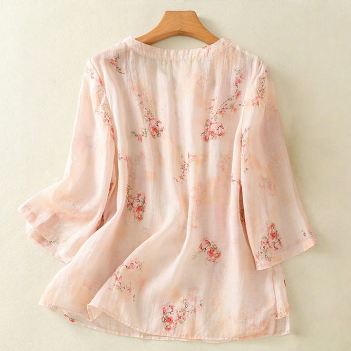 Koszula Buddha Stones z poliestru z nadrukiem roślinnym z okrągłym dekoltem i guzikami w kształcie żaby i rękawami trzy czwarte - image 9