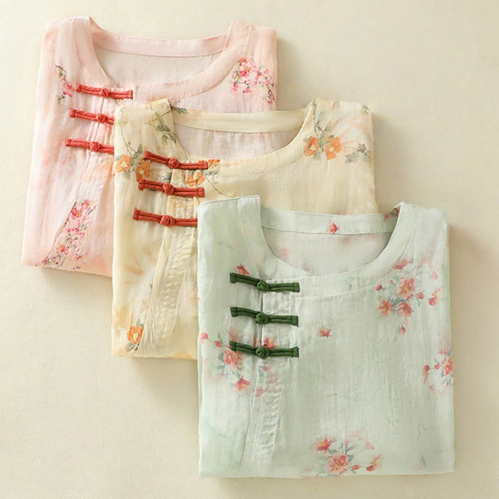 Koszula Buddha Stones z poliestru z nadrukiem roślinnym z okrągłym dekoltem i guzikami w kształcie żaby i rękawami trzy czwarte - image 25