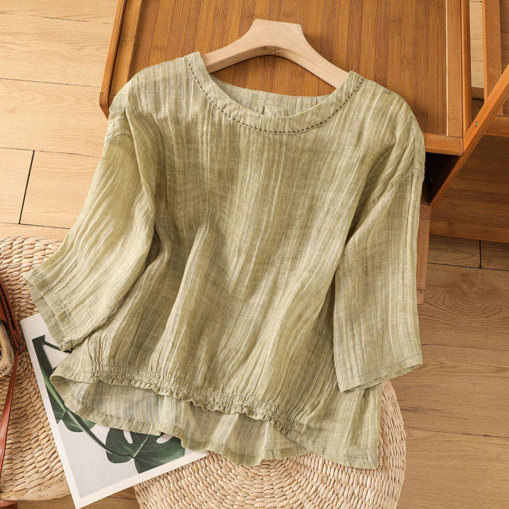 Koszulka damska z bawełny i lnu z okrągłym dekoltem i rękawami trzy czwarte, z Buddha Stones , swobodna, letnia, prosta - Ciemny Khaki - US14, UK/AU18, EU46 (2XL) - image 0