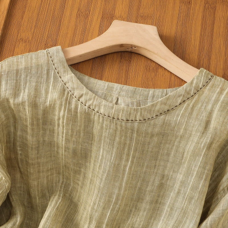 Koszulka damska z bawełny i lnu z okrągłym dekoltem i rękawami trzy czwarte, z Buddha Stones , swobodna, letnia, prosta - image 3