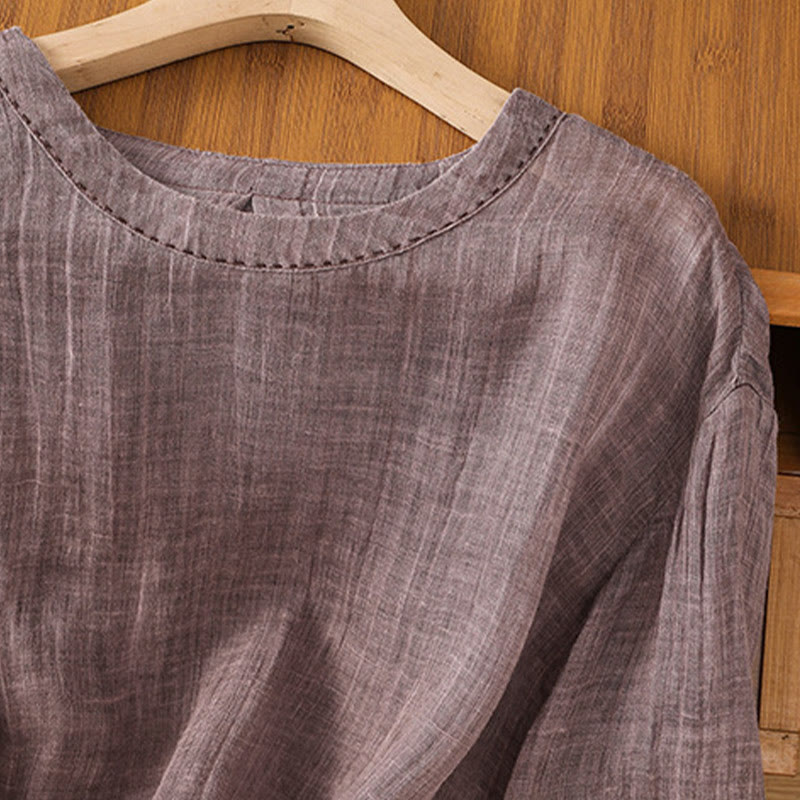 Koszulka damska z bawełny i lnu z okrągłym dekoltem i rękawami trzy czwarte, z Buddha Stones , swobodna, letnia, prosta - image 12