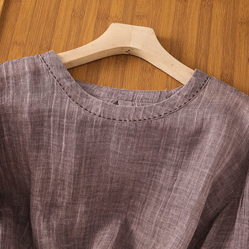 Koszulka damska z bawełny i lnu z okrągłym dekoltem i rękawami trzy czwarte, z Buddha Stones , swobodna, letnia, prosta - image 11