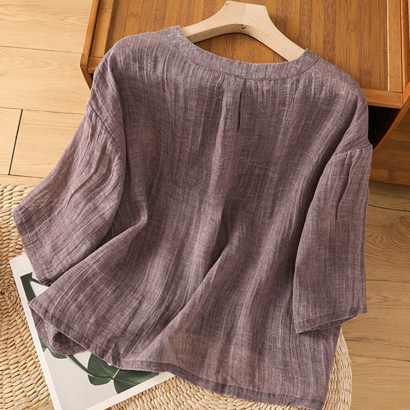 Koszulka damska z bawełny i lnu z okrągłym dekoltem i rękawami trzy czwarte, z Buddha Stones , swobodna, letnia, prosta - image 9