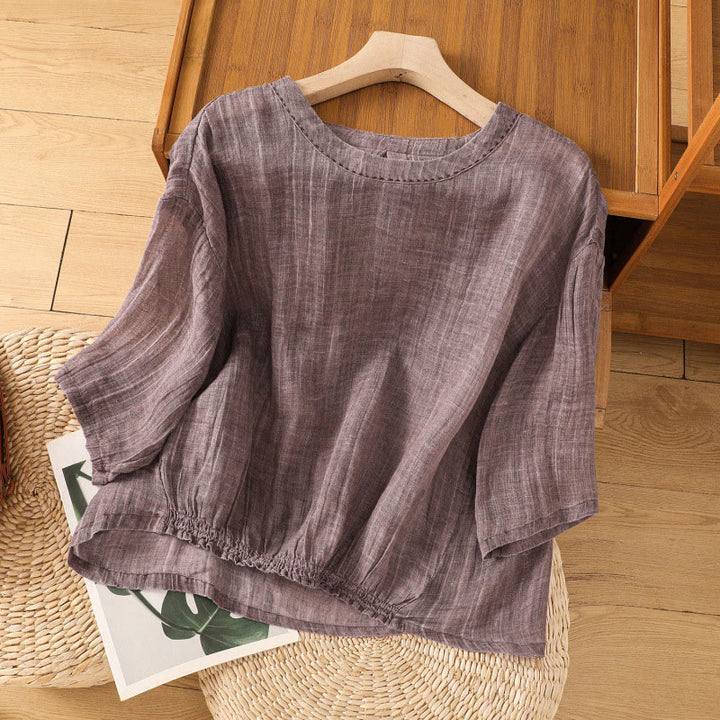 Koszulka damska z bawełny i lnu z okrągłym dekoltem i rękawami trzy czwarte, z Buddha Stones , swobodna, letnia, prosta - MediumOrchid - US14, UK/AU18, EU46 (2XL) - image 8