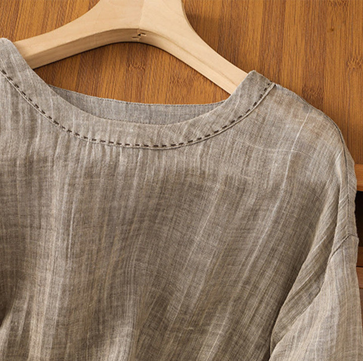 Koszulka damska z bawełny i lnu z okrągłym dekoltem i rękawami trzy czwarte, z Buddha Stones , swobodna, letnia, prosta - image 19