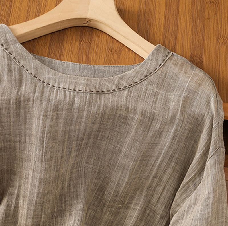 Koszulka damska z bawełny i lnu z okrągłym dekoltem i rękawami trzy czwarte, z Buddha Stones , swobodna, letnia, prosta - image 19