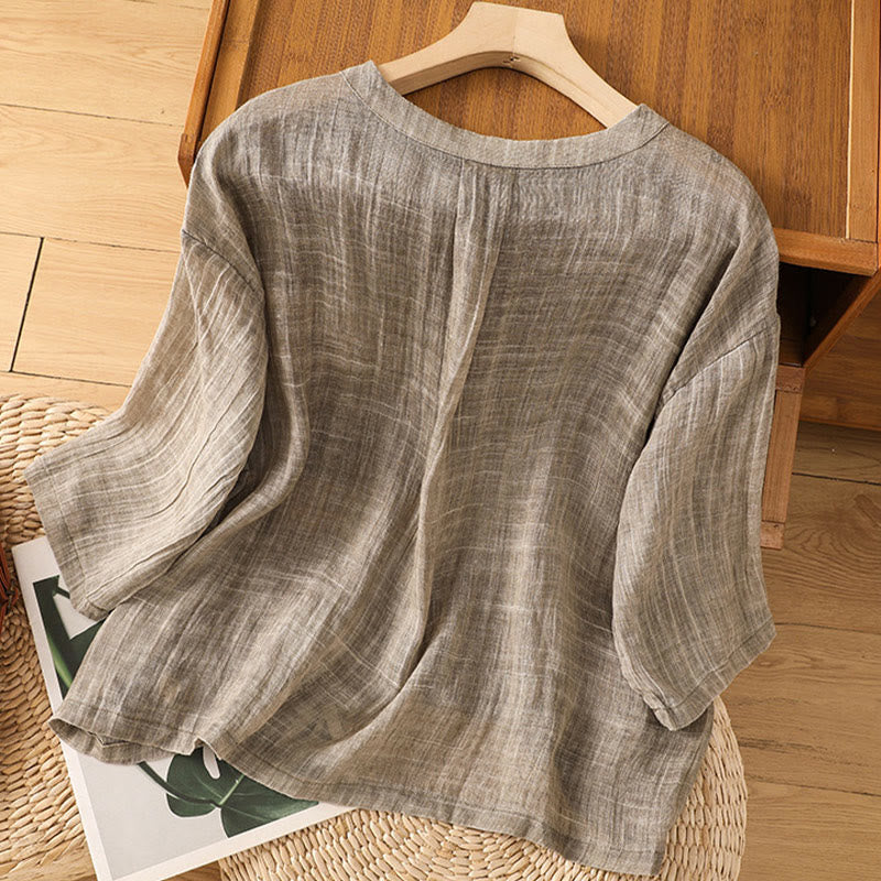 Koszulka damska z bawełny i lnu z okrągłym dekoltem i rękawami trzy czwarte, z Buddha Stones , swobodna, letnia, prosta - image 17