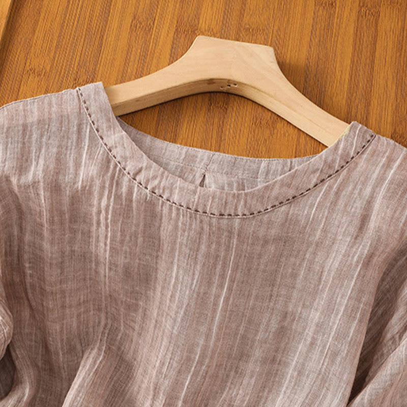 Koszulka damska z bawełny i lnu z okrągłym dekoltem i rękawami trzy czwarte, z Buddha Stones , swobodna, letnia, prosta - image 28