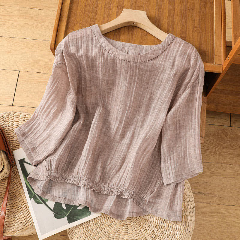 Koszulka damska z bawełny i lnu z okrągłym dekoltem i rękawami trzy czwarte, z Buddha Stones , swobodna, letnia, prosta - image 25