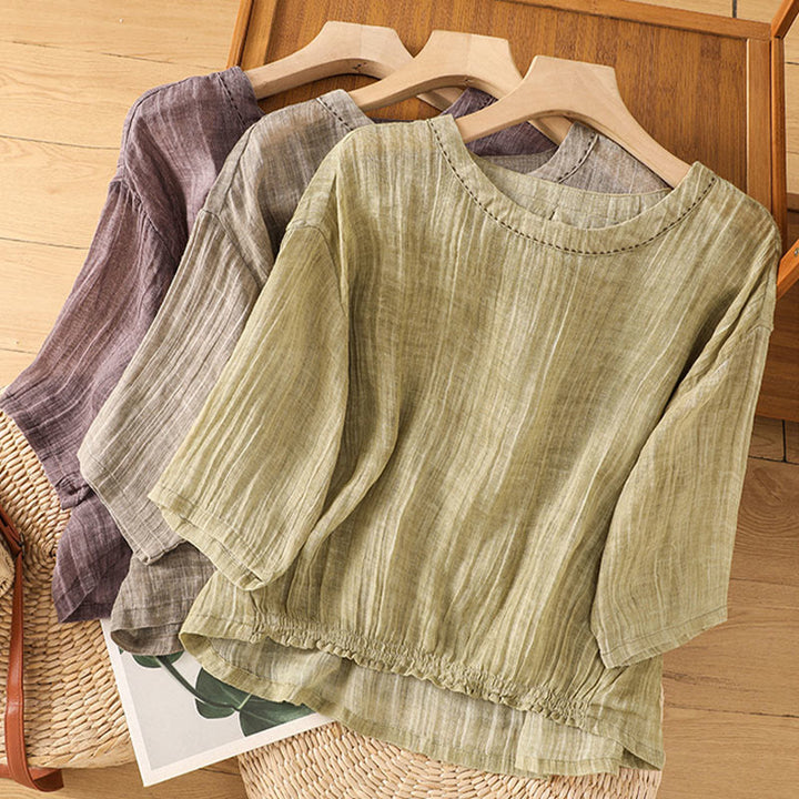 Koszulka damska z bawełny i lnu z okrągłym dekoltem i rękawami trzy czwarte, z Buddha Stones , swobodna, letnia, prosta - image 30