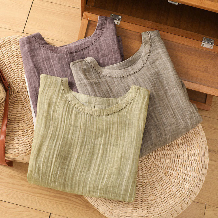 Koszulka damska z bawełny i lnu z okrągłym dekoltem i rękawami trzy czwarte, z Buddha Stones , swobodna, letnia, prosta - image 29