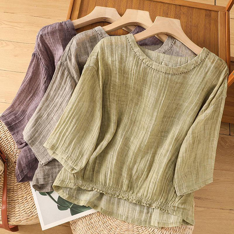 Koszulka damska z bawełny i lnu z okrągłym dekoltem i rękawami trzy czwarte, z Buddha Stones , swobodna, letnia, prosta - image 30