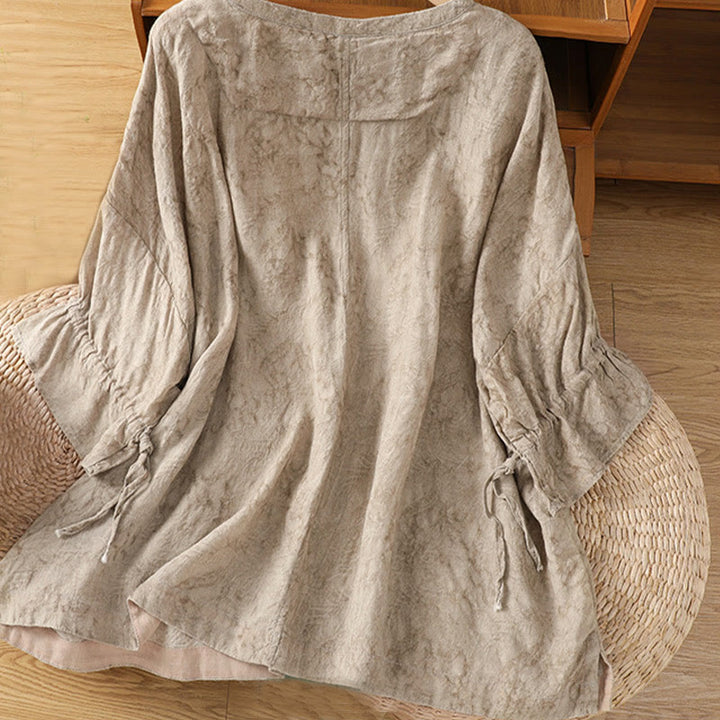 Sukienka midi Buddha Stones w swobodnym stylu retro w jednolitym kolorze z okrągłym dekoltem i ściągaczem, z półrękawem, bawełniano-poliestrowym