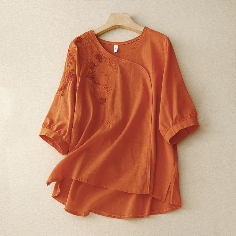 Koszula damska z bawełny i lnu z rękawami trzy czwarte, haftowana z motywem Buddha Stones i róży winorośli - Koral - US12, UK/AU16, EU44 (2XL) - image 7