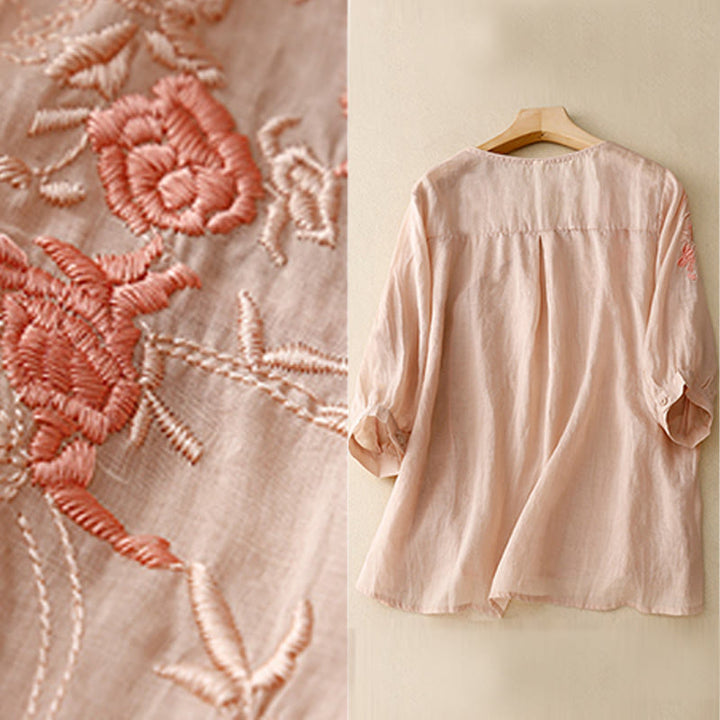 Koszula damska z bawełny i lnu z rękawami trzy czwarte, haftowana z motywem Buddha Stones i róży winorośli - image 6