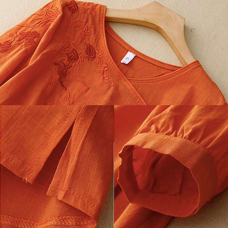 Koszula damska z bawełny i lnu z rękawami trzy czwarte, haftowana z motywem Buddha Stones i róży winorośli - image 10