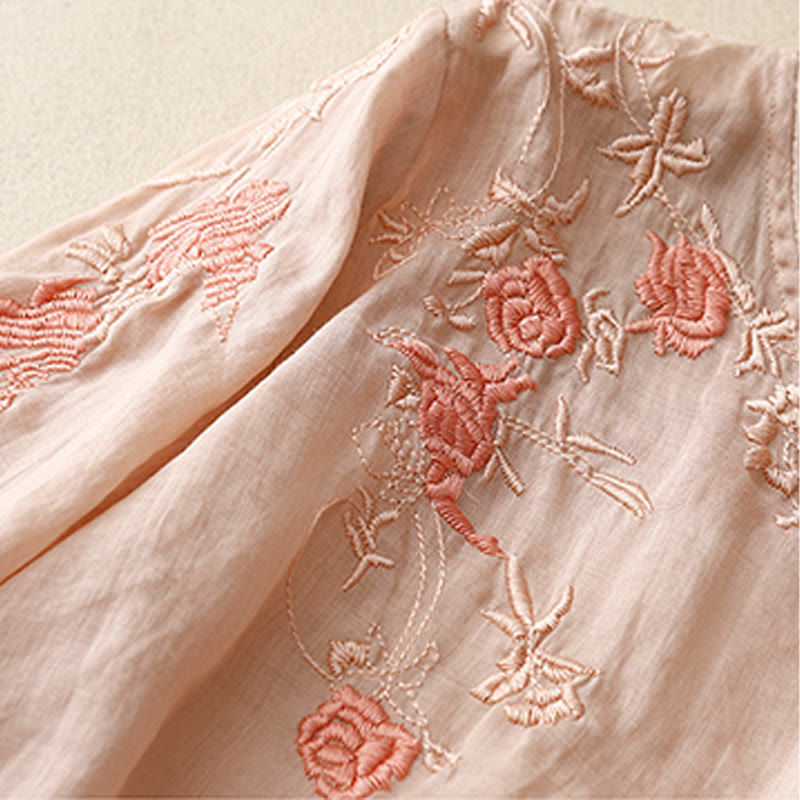 Koszula damska z bawełny i lnu z rękawami trzy czwarte, haftowana z motywem Buddha Stones i róży winorośli - image 3