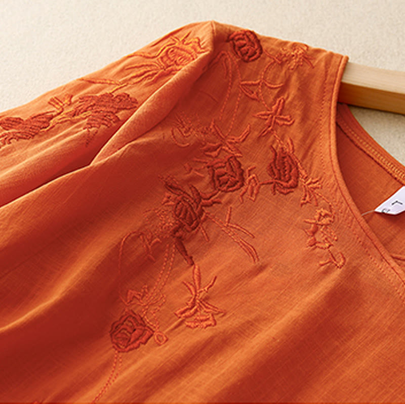 Koszula damska z bawełny i lnu z rękawami trzy czwarte, haftowana z motywem Buddha Stones i róży winorośli - image 8