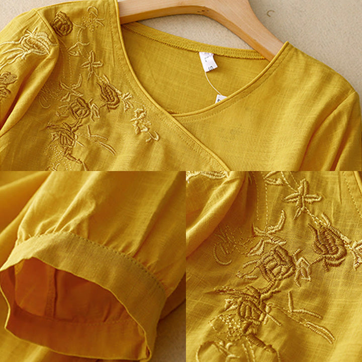 Koszula damska z bawełny i lnu z rękawami trzy czwarte, haftowana z motywem Buddha Stones i róży winorośli - image 13