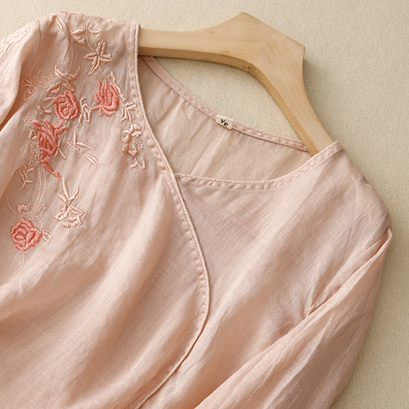 Koszula damska z bawełny i lnu z rękawami trzy czwarte, haftowana z motywem Buddha Stones i róży winorośli - image 1