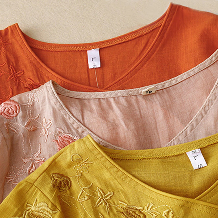 Koszula damska z bawełny i lnu z rękawami trzy czwarte, haftowana z motywem Buddha Stones i róży winorośli - image 16