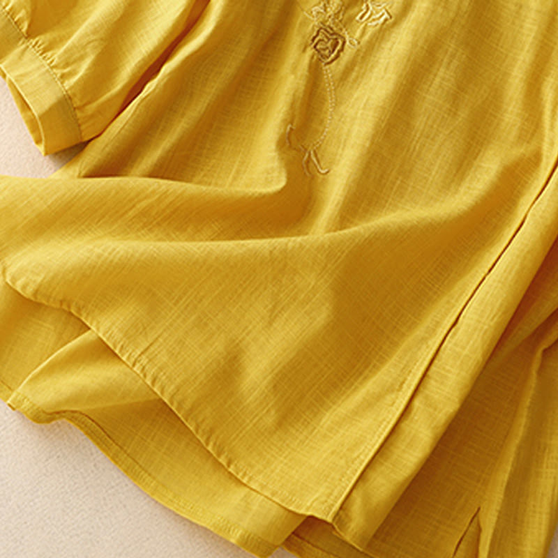 Koszula damska z bawełny i lnu z rękawami trzy czwarte, haftowana z motywem Buddha Stones i róży winorośli - image 14