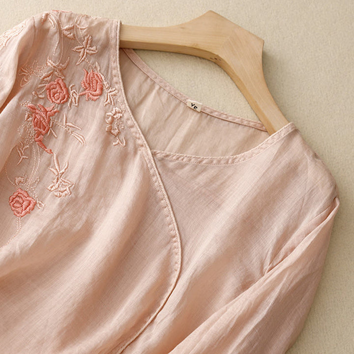 Koszula damska z bawełny i lnu z rękawami trzy czwarte, haftowana z motywem Buddha Stones i róży winorośli - image 1