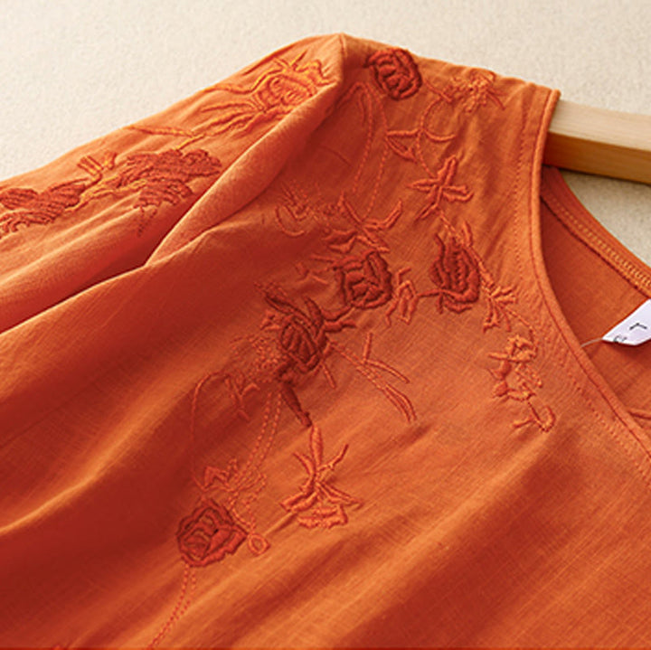 Koszula damska z bawełny i lnu z rękawami trzy czwarte, haftowana z motywem Buddha Stones i róży winorośli - image 8