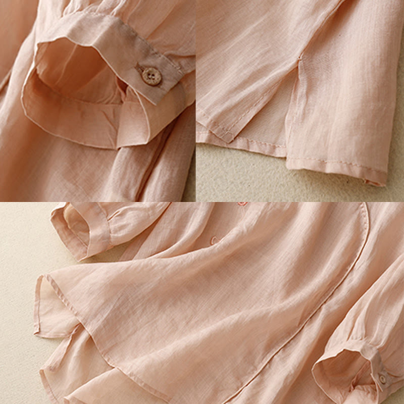 Koszula damska z bawełny i lnu z rękawami trzy czwarte, haftowana z motywem Buddha Stones i róży winorośli - image 5