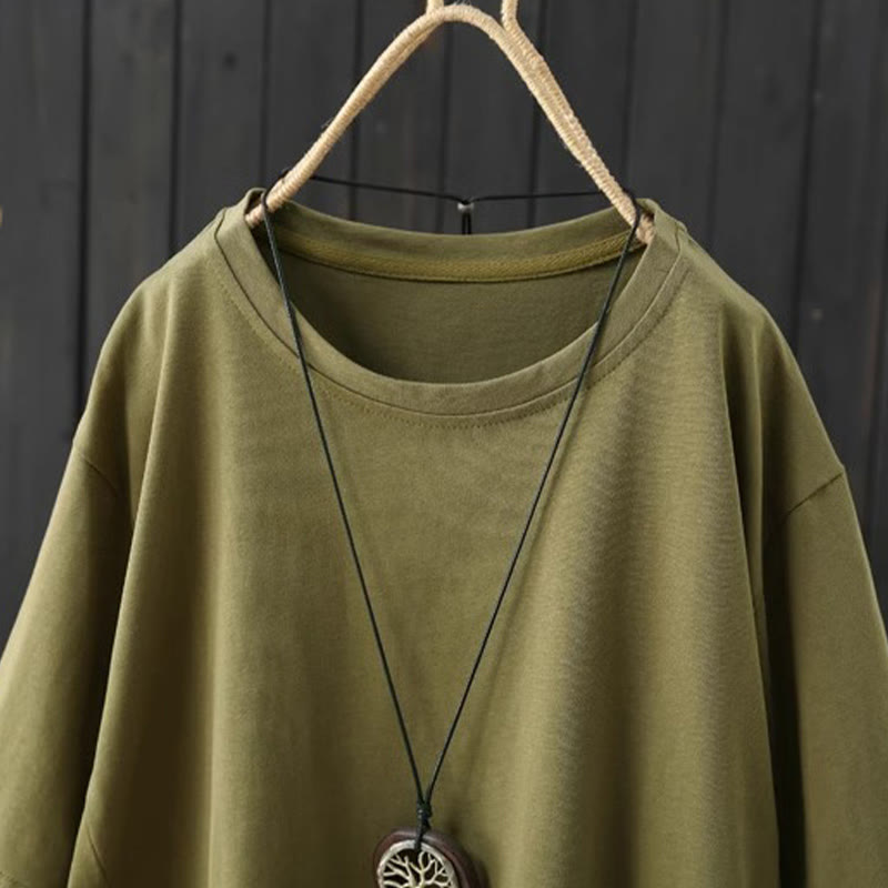 Buddha Stones Casual Loose Summer Plain Crew Neck Damska bawełniana koszulka z krótkim rękawem - image 1