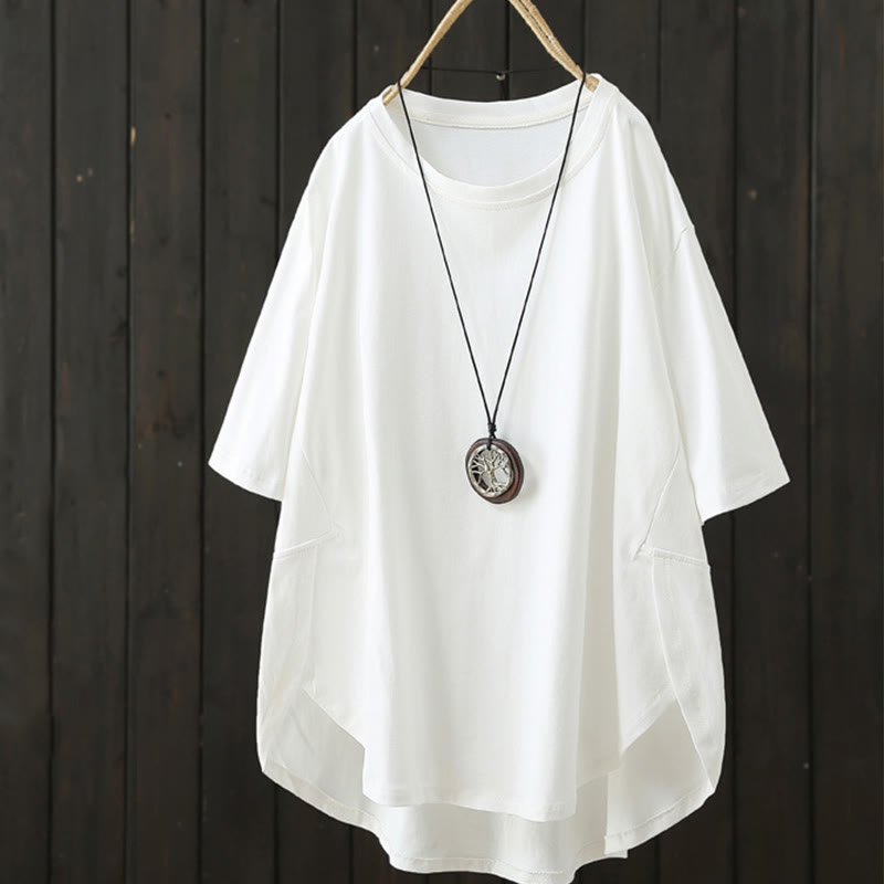 Buddha Stones Casual Loose Summer Plain Crew Neck Damska bawełniana koszulka z krótkim rękawem - Biały - US14, UK/AU18, EU46 (2XL) - image 2