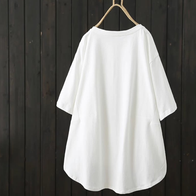 Buddha Stones Casual Loose Summer Plain Crew Neck Damska bawełniana koszulka z krótkim rękawem - image 3