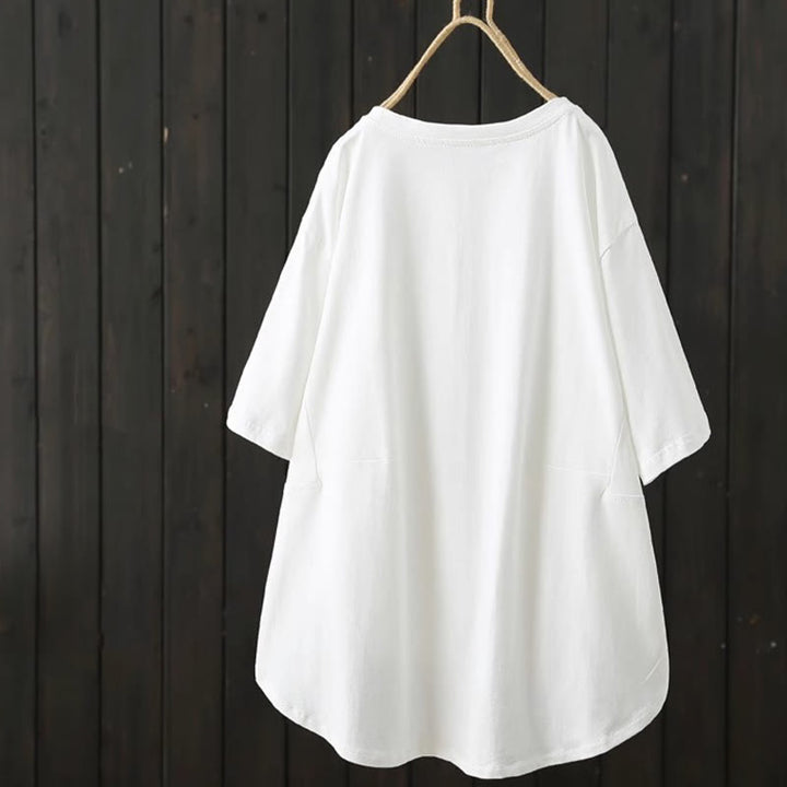 Buddha Stones Casual Loose Summer Plain Crew Neck Damska bawełniana koszulka z krótkim rękawem - image 3