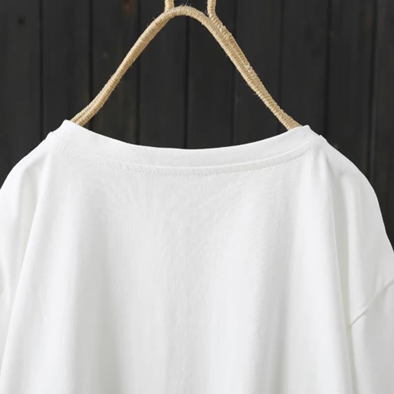 Buddha Stones Casual Loose Summer Plain Crew Neck Damska bawełniana koszulka z krótkim rękawem - image 4