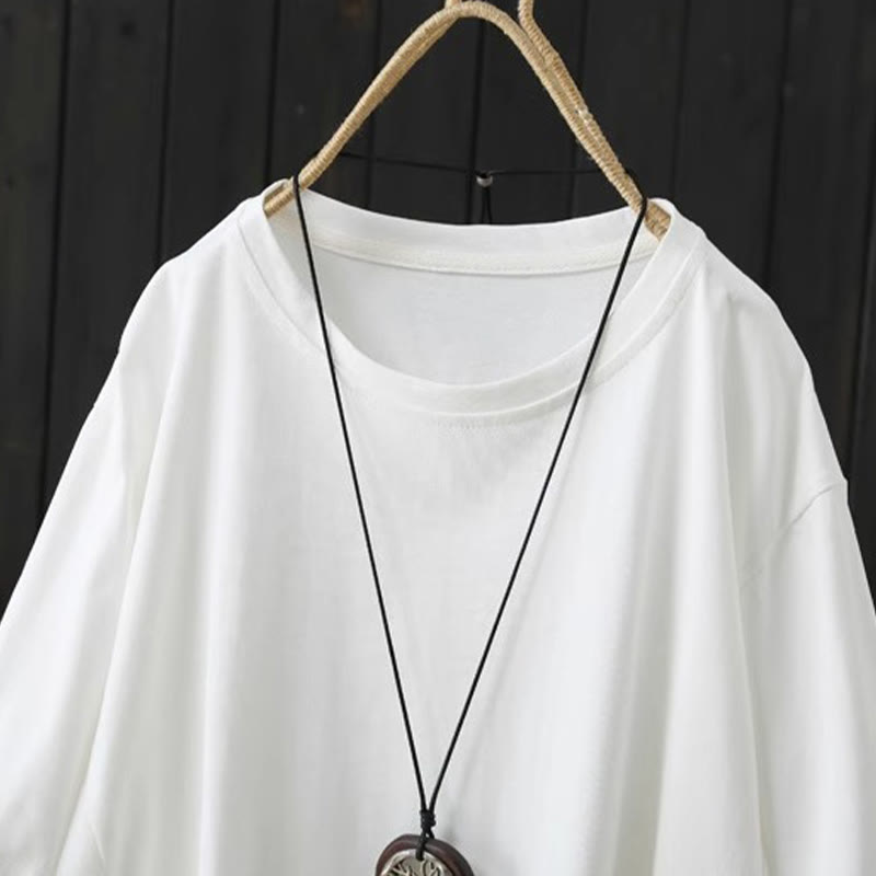 Buddha Stones Casual Loose Summer Plain Crew Neck Damska bawełniana koszulka z krótkim rękawem - image 5