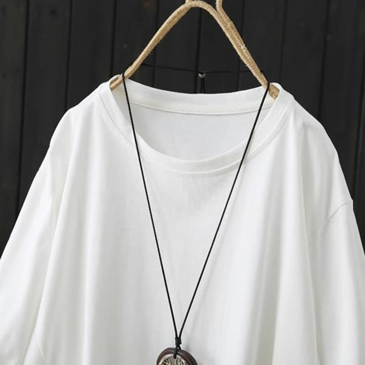 Buddha Stones Casual Loose Summer Plain Crew Neck Damska bawełniana koszulka z krótkim rękawem - image 5