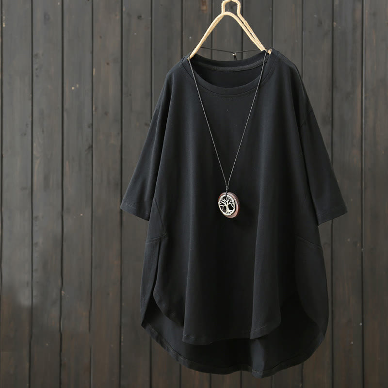 Buddha Stones Casual Loose Summer Plain Crew Neck Damska bawełniana koszulka z krótkim rękawem - Czarny - US14, UK/AU18, EU46 (2XL) - image 13