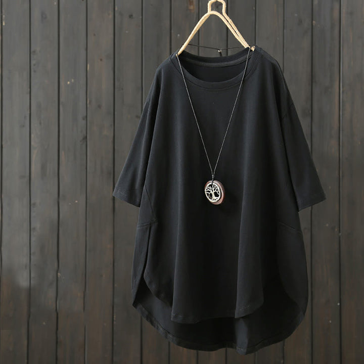 Buddha Stones Casual Loose Summer Plain Crew Neck Damska bawełniana koszulka z krótkim rękawem - Czarny - US14, UK/AU18, EU46 (2XL) - image 13