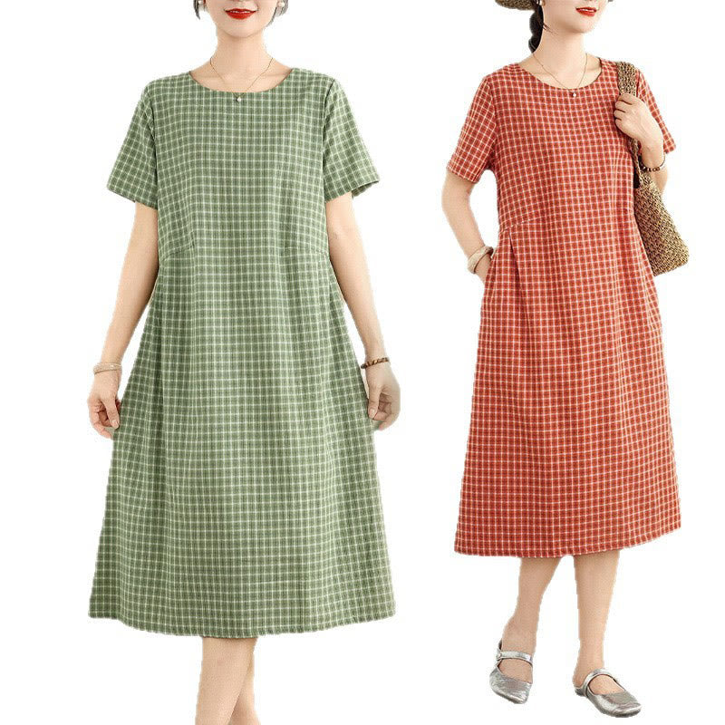 Sukienka midi Buddha Stones w jednolitym kolorze w kratkę z okrągłym dekoltem i krótkim rękawem, wykonana z bawełny i lnu, z kieszeniami - image 17