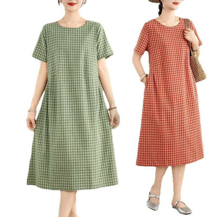 Sukienka midi Buddha Stones w jednolitym kolorze w kratkę z okrągłym dekoltem i krótkim rękawem, wykonana z bawełny i lnu, z kieszeniami - image 17