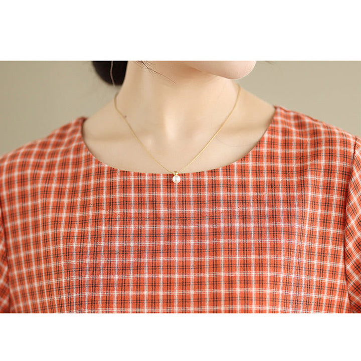 Sukienka midi Buddha Stones w jednolitym kolorze w kratkę z okrągłym dekoltem i krótkim rękawem, wykonana z bawełny i lnu, z kieszeniami - image 7