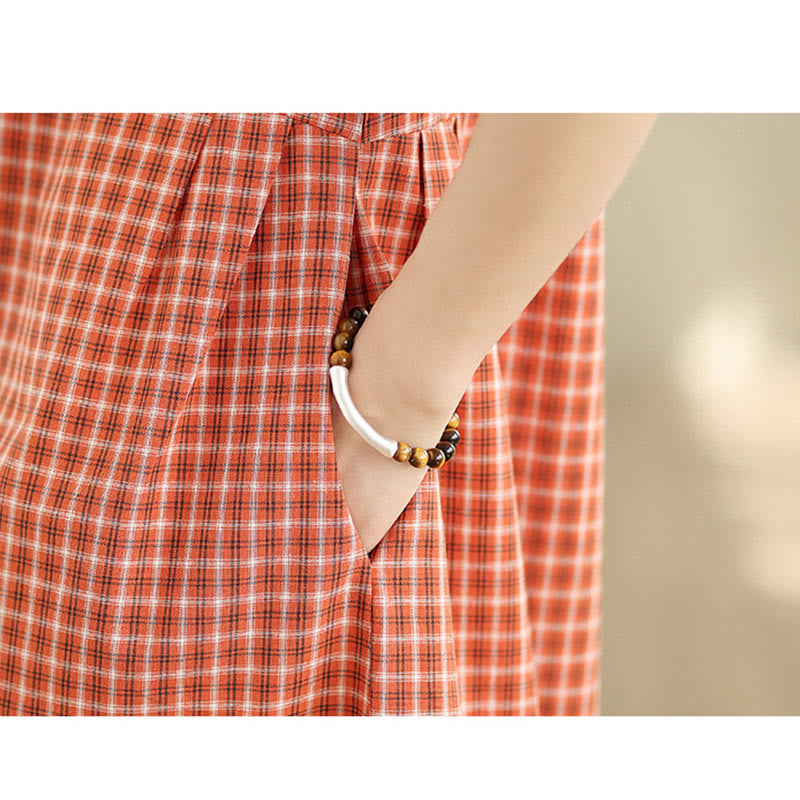 Sukienka midi Buddha Stones w jednolitym kolorze w kratkę z okrągłym dekoltem i krótkim rękawem, wykonana z bawełny i lnu, z kieszeniami - image 8