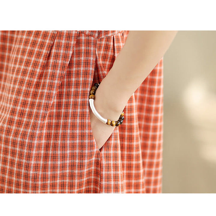 Sukienka midi Buddha Stones w jednolitym kolorze w kratkę z okrągłym dekoltem i krótkim rękawem, wykonana z bawełny i lnu, z kieszeniami - image 8