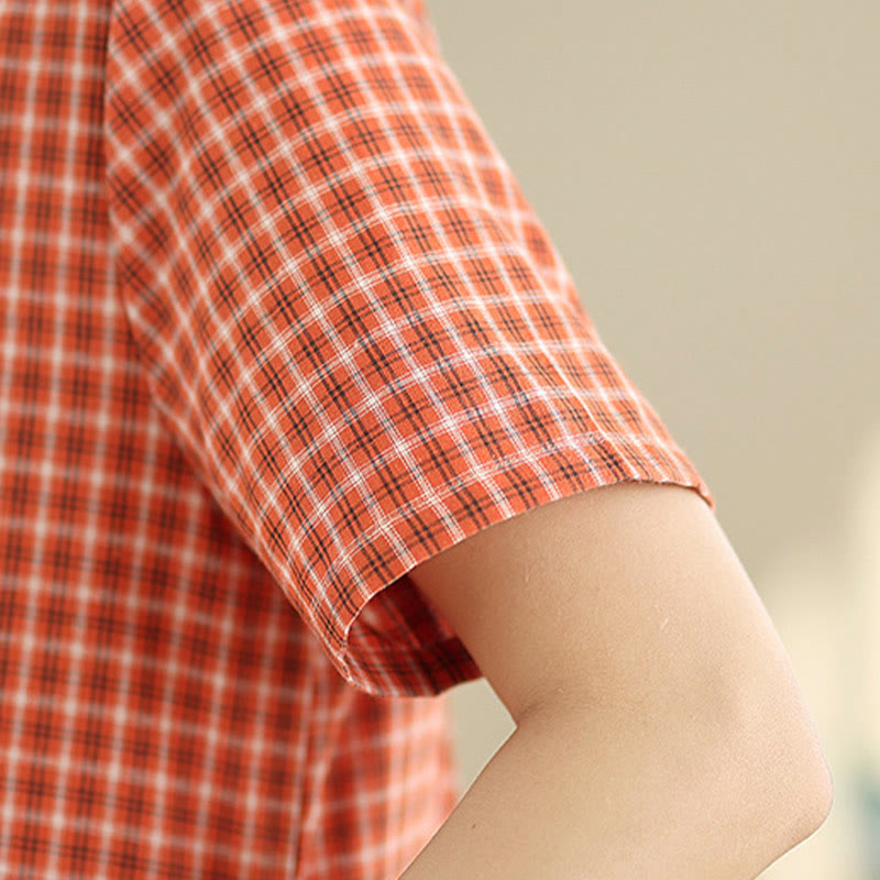 Sukienka midi Buddha Stones w jednolitym kolorze w kratkę z okrągłym dekoltem i krótkim rękawem, wykonana z bawełny i lnu, z kieszeniami - image 5