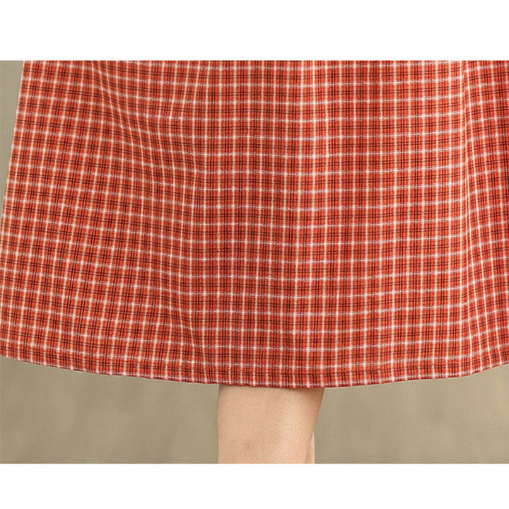 Sukienka midi Buddha Stones w jednolitym kolorze w kratkę z okrągłym dekoltem i krótkim rękawem, wykonana z bawełny i lnu, z kieszeniami - image 9