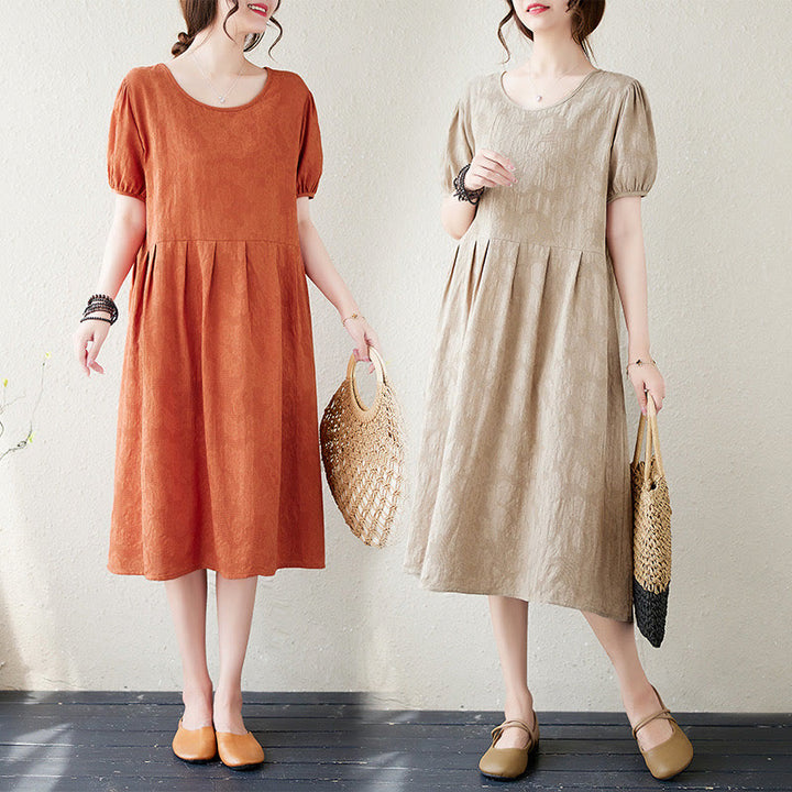 Sukienka midi Buddha Stones w jednolitym kolorze z żakardu z okrągłym dekoltem i krótkim bufiastym rękawem z bawełny i lnu - image 23