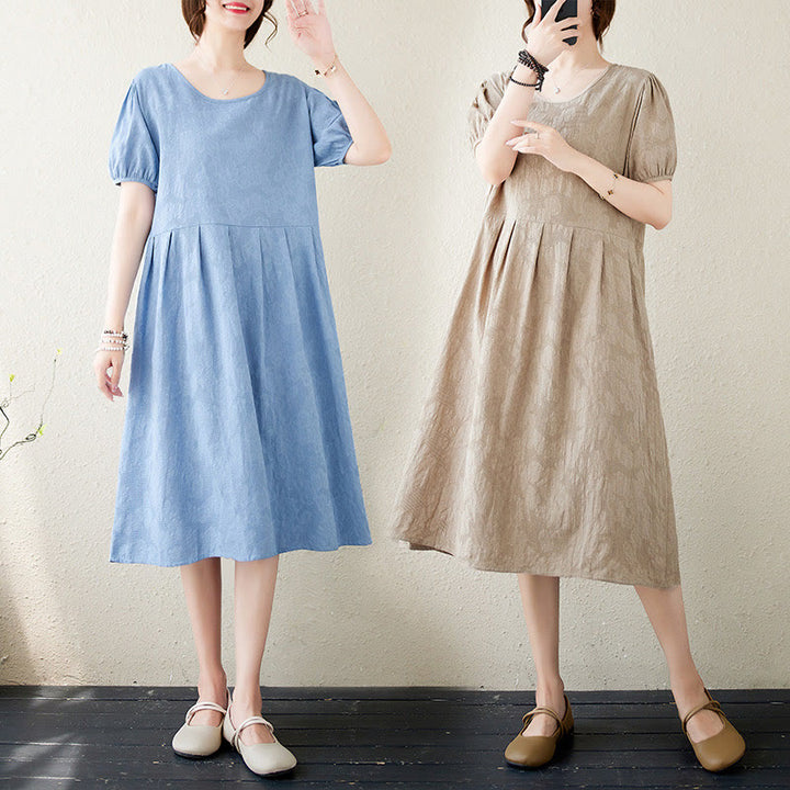 Sukienka midi Buddha Stones w jednolitym kolorze z żakardu z okrągłym dekoltem i krótkim bufiastym rękawem z bawełny i lnu - image 24